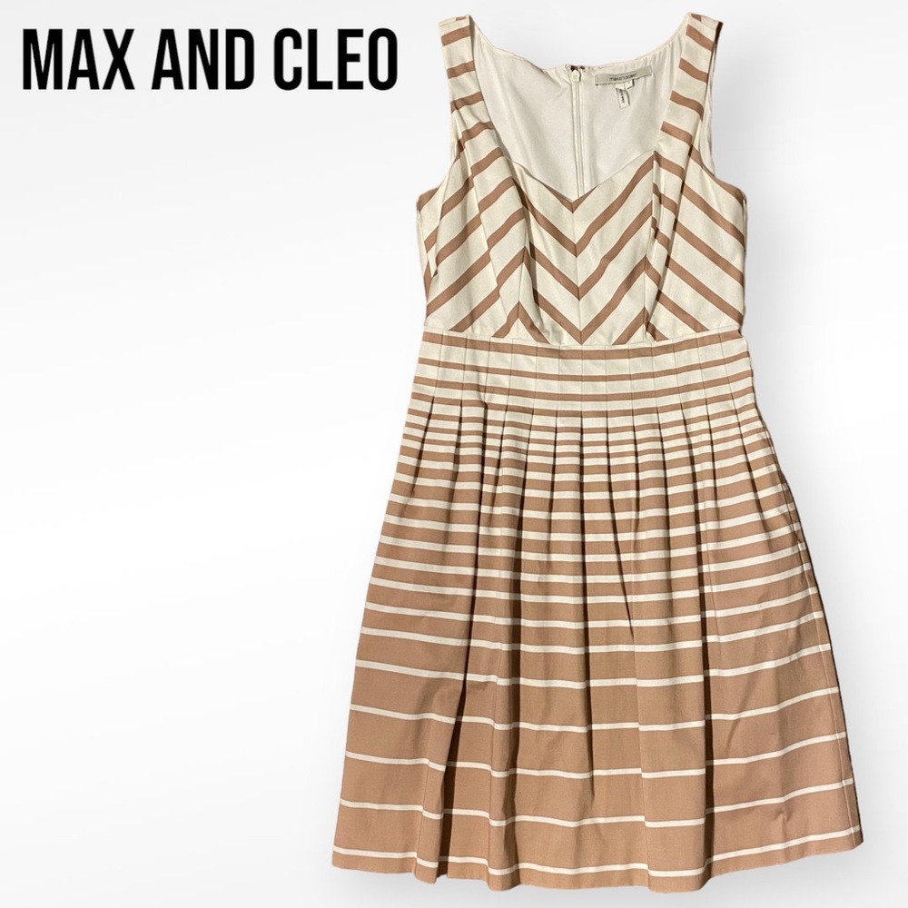 NWOT Max and Cleo STRIPED DRESS In Seam Pockets SLEEVELESS Tan White FIT FLARE 8